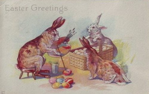 Vintage Easter Greeting Card with Anthropomorphic Rabbits