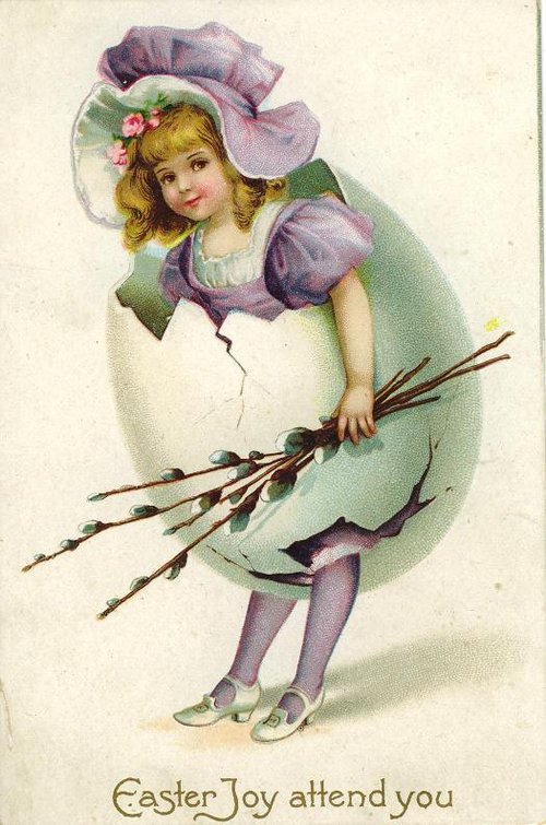Vintage Easter Greeting Card with Girl in Egg, Victorian Era