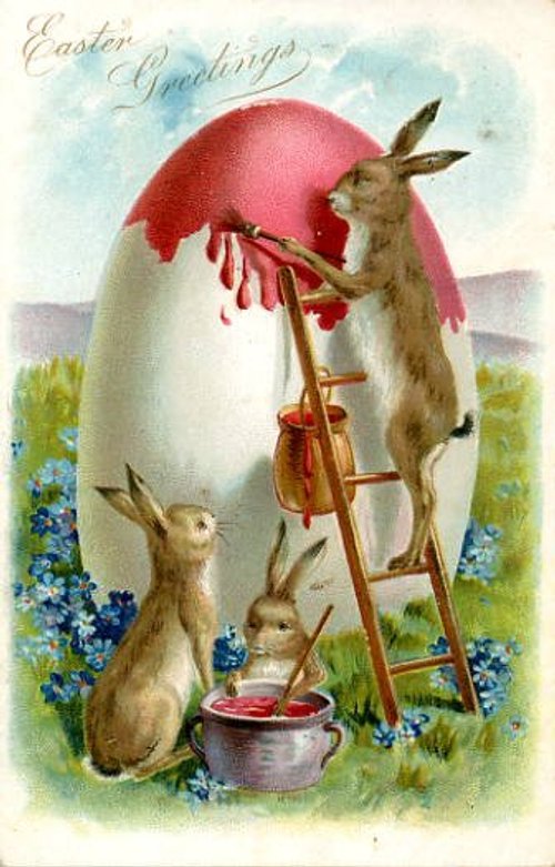 Victorian Easter Greetings Card with Anthropomorphic Rabbits