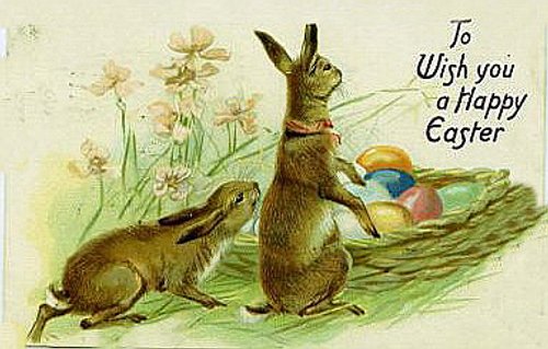 Vintage Easter Greeting Card with Rabbits and Pink Spring Flowers