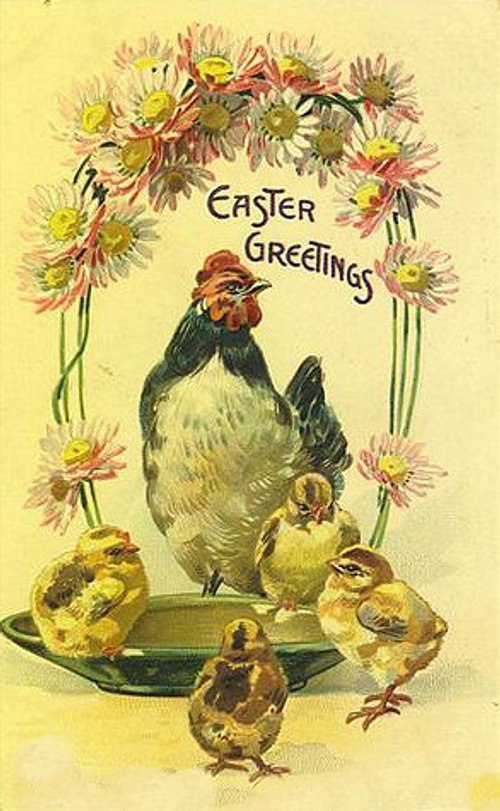 Victorian Easter Greetings Card with Hen & Chicks