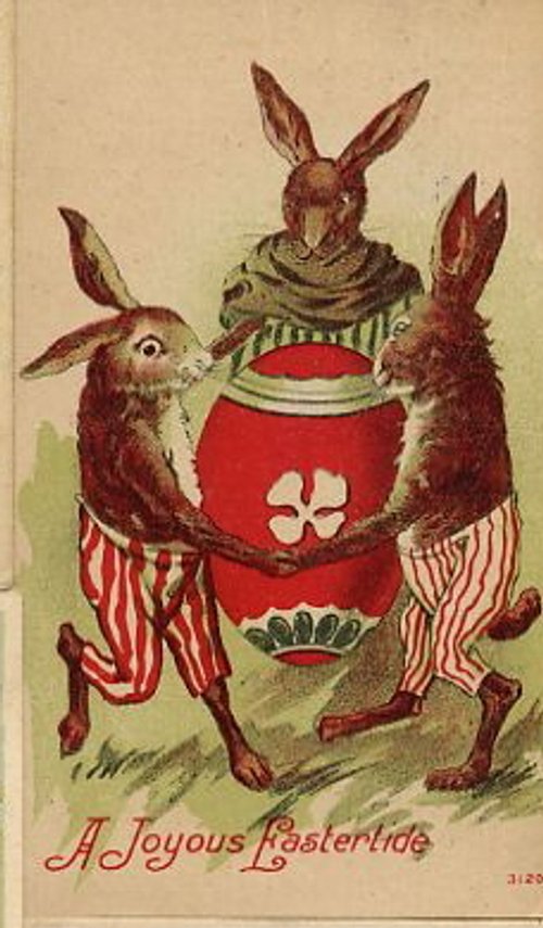 Vintage Easter Greeting Card with Anthropomorphic Rabbits in Striped Trousers