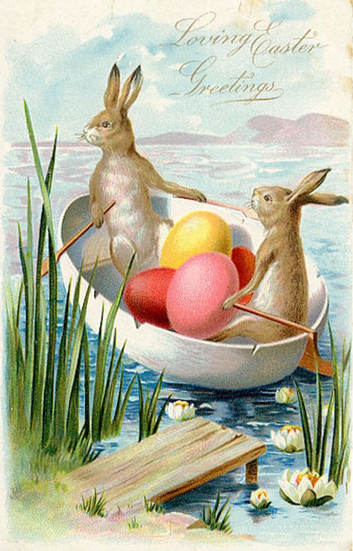 Loving Easter Greetings Victorian Rabbit Egg Boat Card