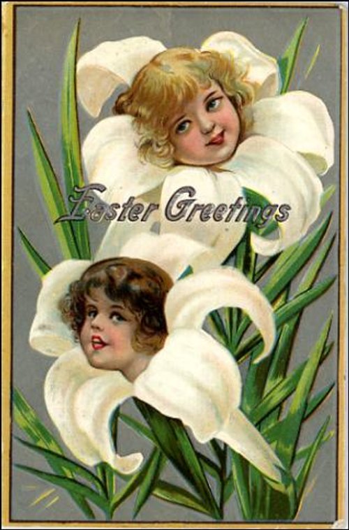 Victorian Easter Greetings Card with Cherub Children in Calla Lilies
