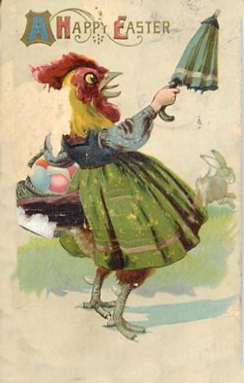 Vintage Victorian Easter Card: Dancing Rooster in Green Skirt