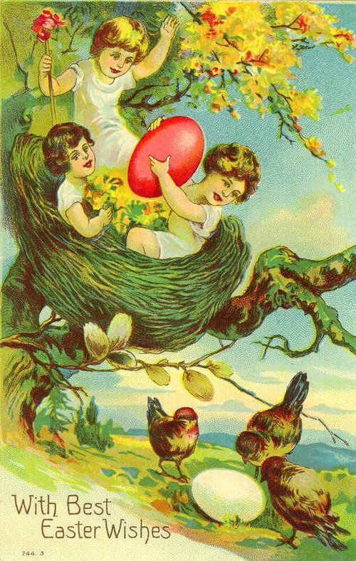 Vintage Easter Greeting Card with Children, Eggs & Yellow Flowers