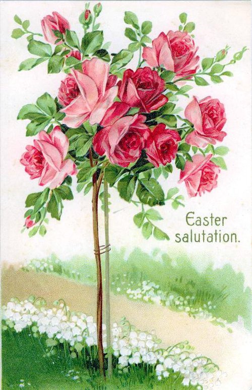 Vintage Easter Greeting Card with Pink Roses - Victorian Floral