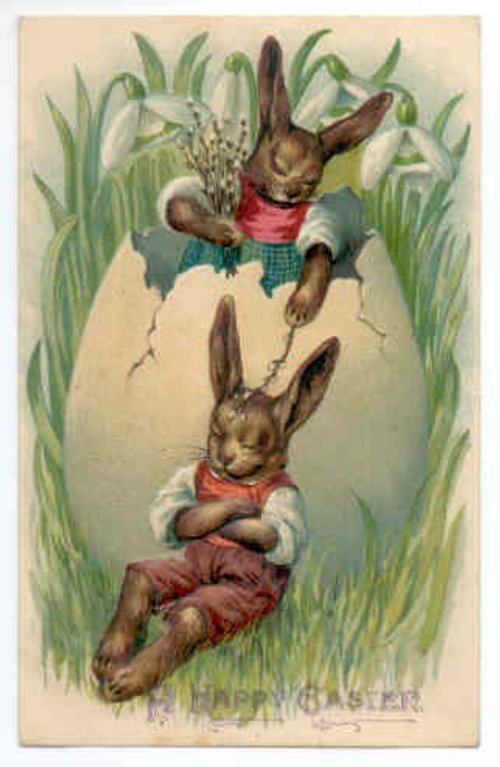 Victorian Easter Greeting Card with Anthropomorphic Rabbits
