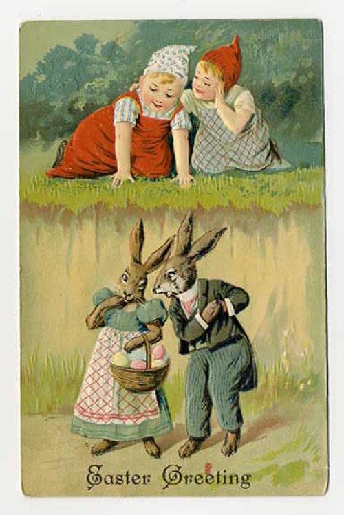 Victorian Easter Greeting Card Children Anthropomorphic Rabbits