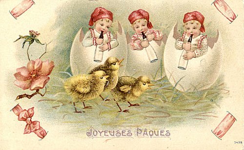 Vintage French Easter Greeting Card with Children Hatching from Eggs & Chicks
