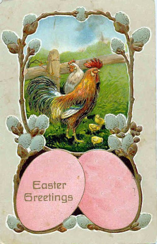 Victorian Easter Greetings Die-Cut Card with Rooster & Egg