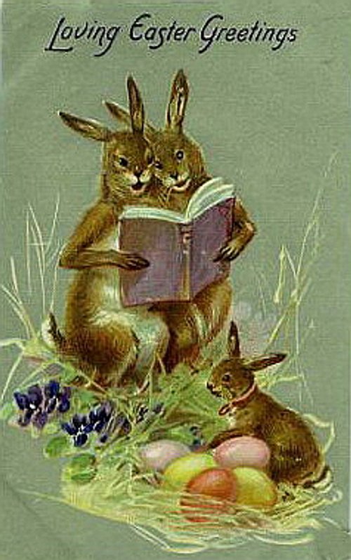 Vintage Easter Greeting Card with Reading Rabbits & Eggs