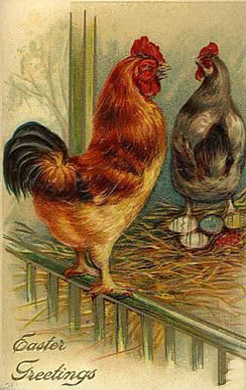 Victorian Easter Greetings Rooster Chicken Vintage Card