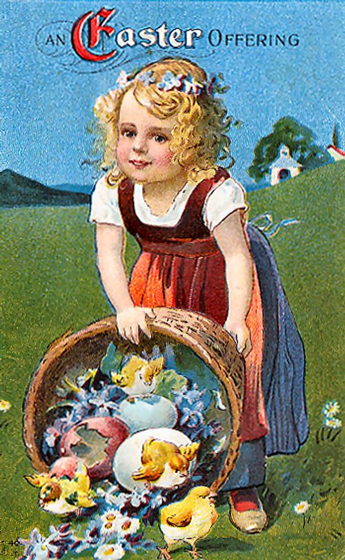 Vintage Easter Greeting Card Girl Basket Flowers 1900s