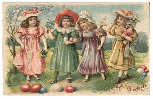 Victorian Easter Greeting Card Four Girls Bonnets Eggs Chromolithograph