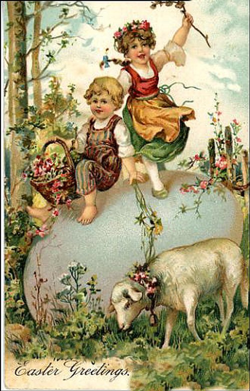 Victorian Easter Greetings Card with Children & Lamb