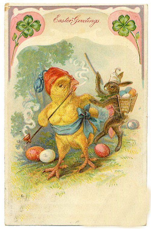 Victorian Easter Greetings Chick & Rabbit Anthropomorphic Vintage Card