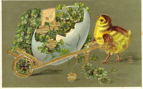 Victorian Easter Greeting Card: Yellow Chick & Shamrock-Filled Egg in Wheelbarrow