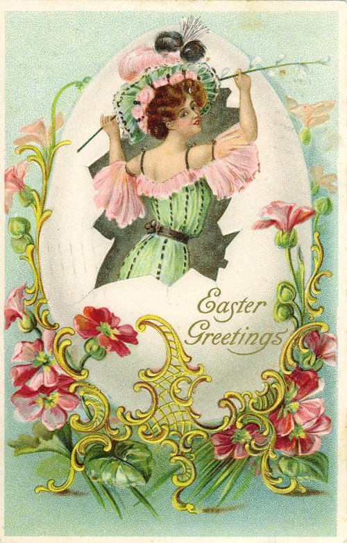Victorian Easter Greetings Card with Woman in Pink Bonnet