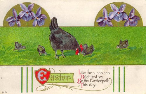 Vintage Easter Greeting Card with Hen & Chicks, Purple Violets