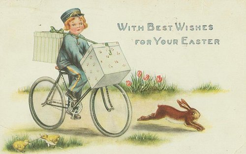 Edwardian Easter Greeting Card: Child on Bicycle with Box