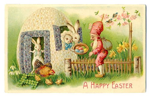 Victorian Easter Greeting Card with Gnome, Rabbits & Spring Garden