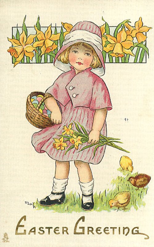 Vintage Easter Greeting Card Girl Daffodils Pink Dress