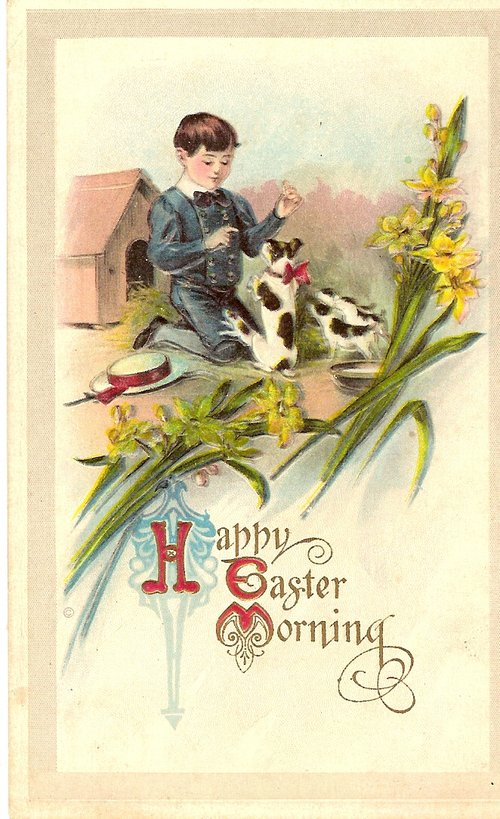 Vintage Easter Morning Greeting Card - Boy, Dogs & Spring Flowers
