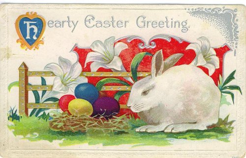 Vintage Easter Greeting Card with White Rabbit & Colored Eggs