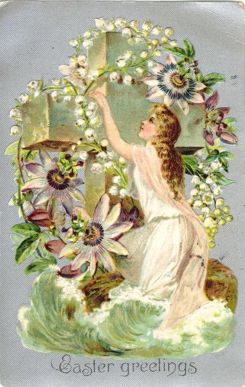 Victorian Easter Greeting Card with Woman and Flowers
