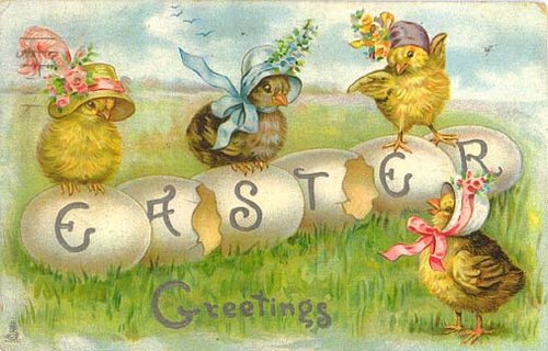 Victorian Easter Greeting Card with Anthropomorphic Chicks & Eggs