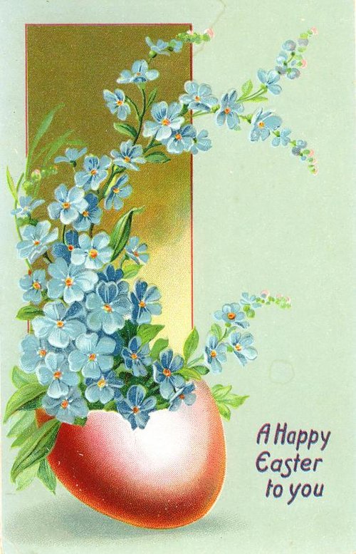 Vintage Easter Greeting Card Blue Flowers Egg Design