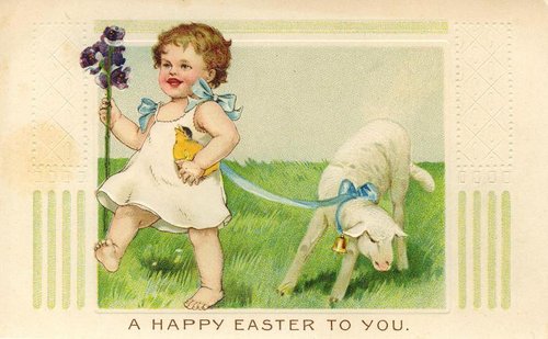 Vintage Easter Greeting Card with Child, Lamb & Violets