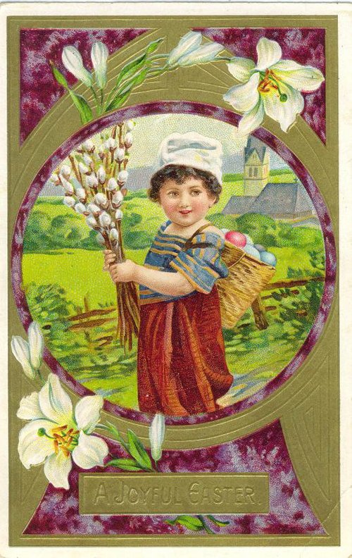 Vintage Easter Greeting Card Child Basket Flowers Early 1900s