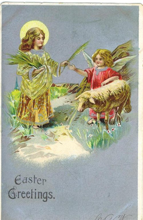 Vintage Easter Greeting Card with Angels and Lamb, Victorian Era