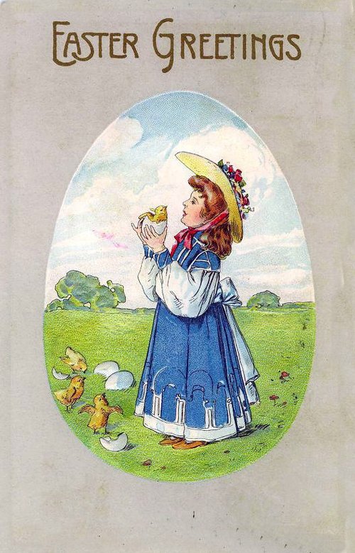 Victorian Easter Greetings Card Girl with Chicks Egg-Shaped Die-Cut