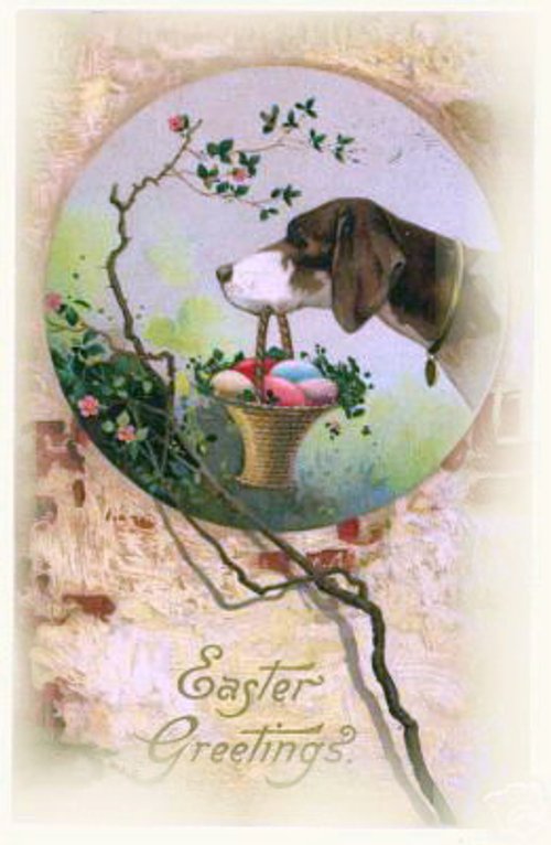 Victorian Easter Greetings Card with Dog & Spring Flowers