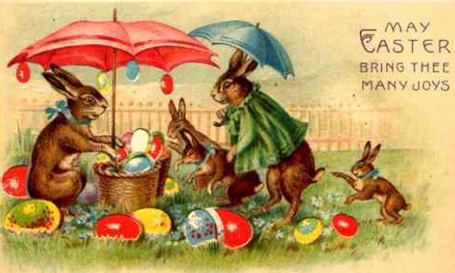 Victorian Easter Greeting Card with Rabbits & Umbrellas