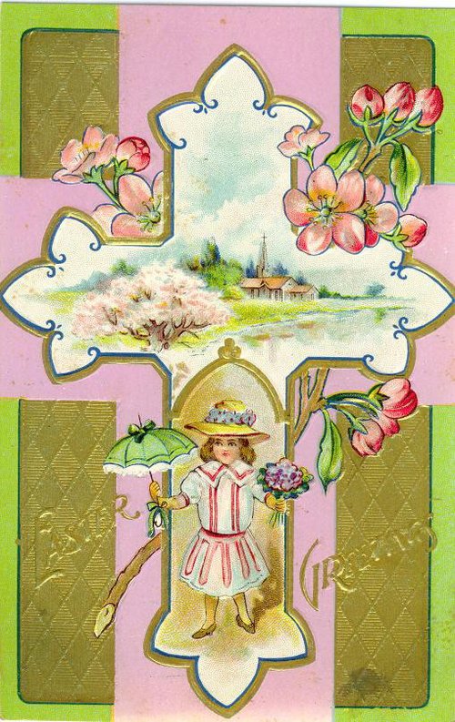 Victorian Die-Cut Easter Greeting Card with Girl & Spring Blossoms