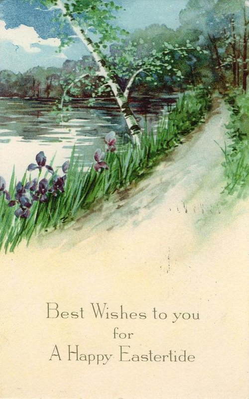 Vintage Easter Greeting Card Iris Riverside Scene Early 1900s