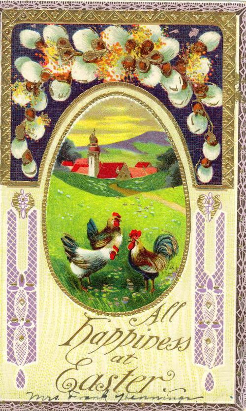 Vintage Easter Greeting Card with Roosters & Church Landscape