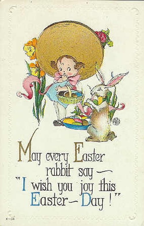 Vintage Easter Greeting Card with Rabbit & Child in Giant Hat, Early 1900s