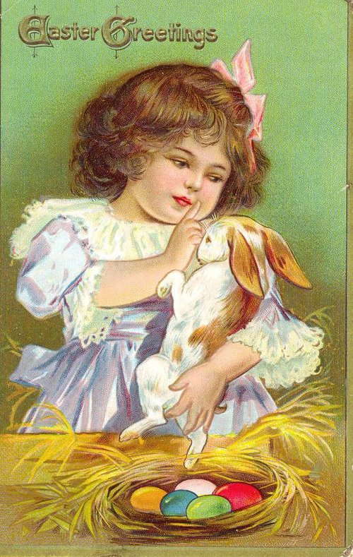 Vintage Easter Greetings Card Girl with Rabbit & Eggs