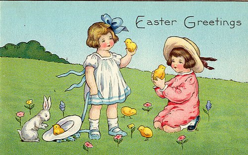 Vintage Easter Greetings Card with Children & Chicks