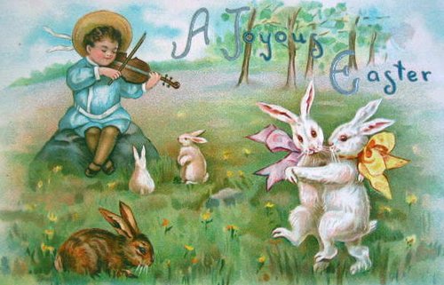 Joyous Easter Vintage Greeting Card with Child Violin Player