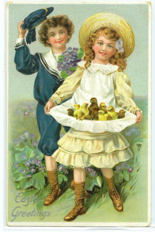 Victorian Easter Greeting Card with Children & Chicks