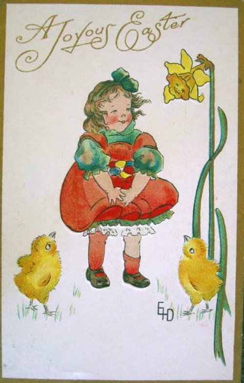 Vintage Easter Greeting Card Child Chicks Daffodils Early 1900s
