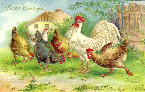 Victorian Easter Greetings Rooster & Hens Farmyard Card