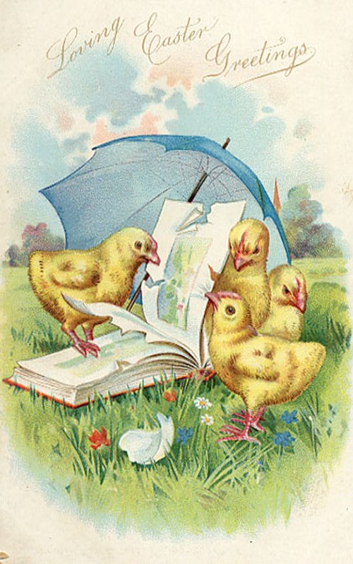Victorian Easter Greeting Card with Chicks & Umbrella, Chromolithograph