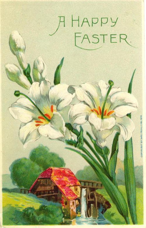Vintage Easter Greeting Card White Lilies Water Mill Scene